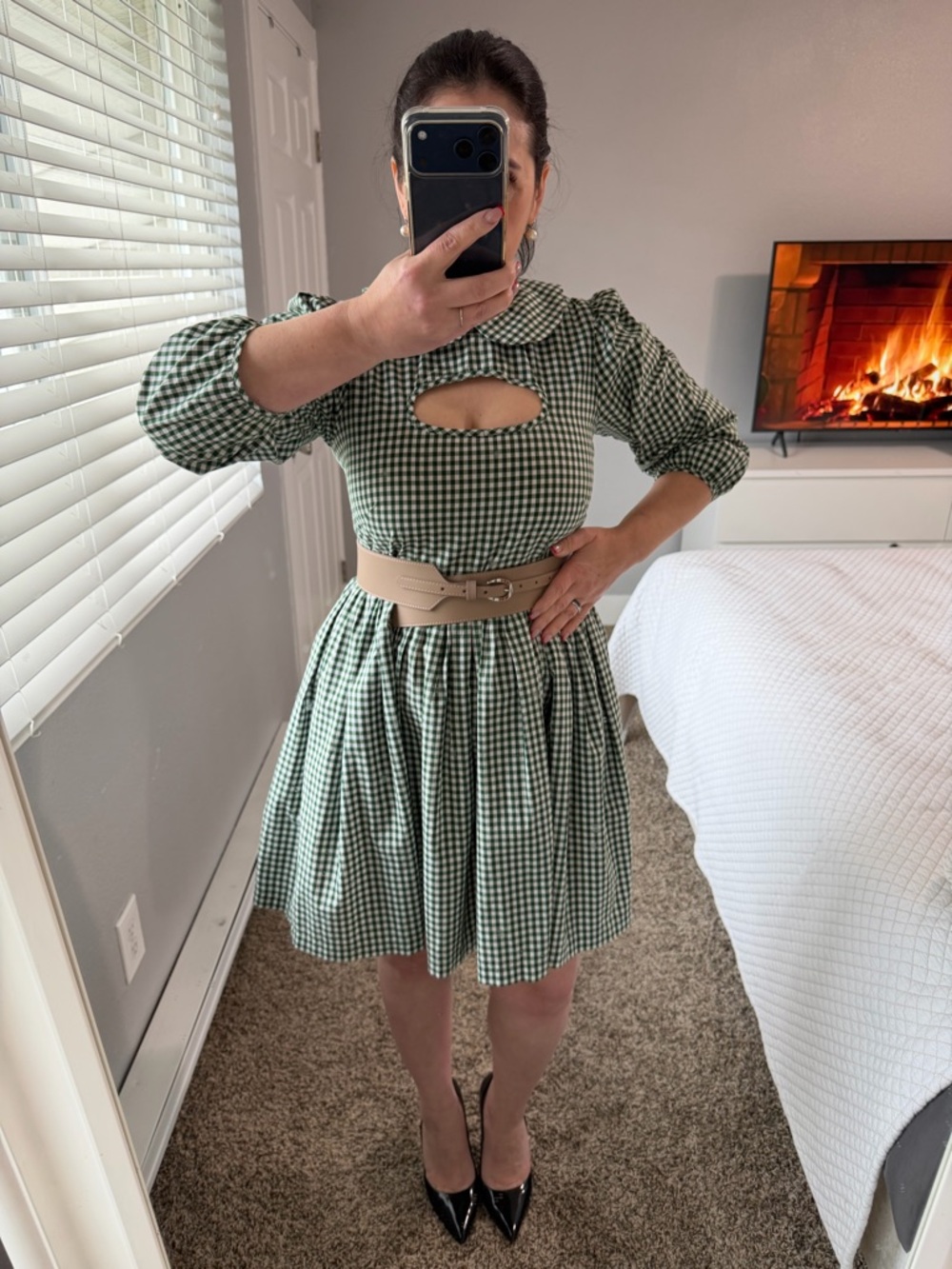 Sandy Liang Gingham Peter Pan Collar Dress with Cut-Out Green White Size 4 - Picture 16 of 16